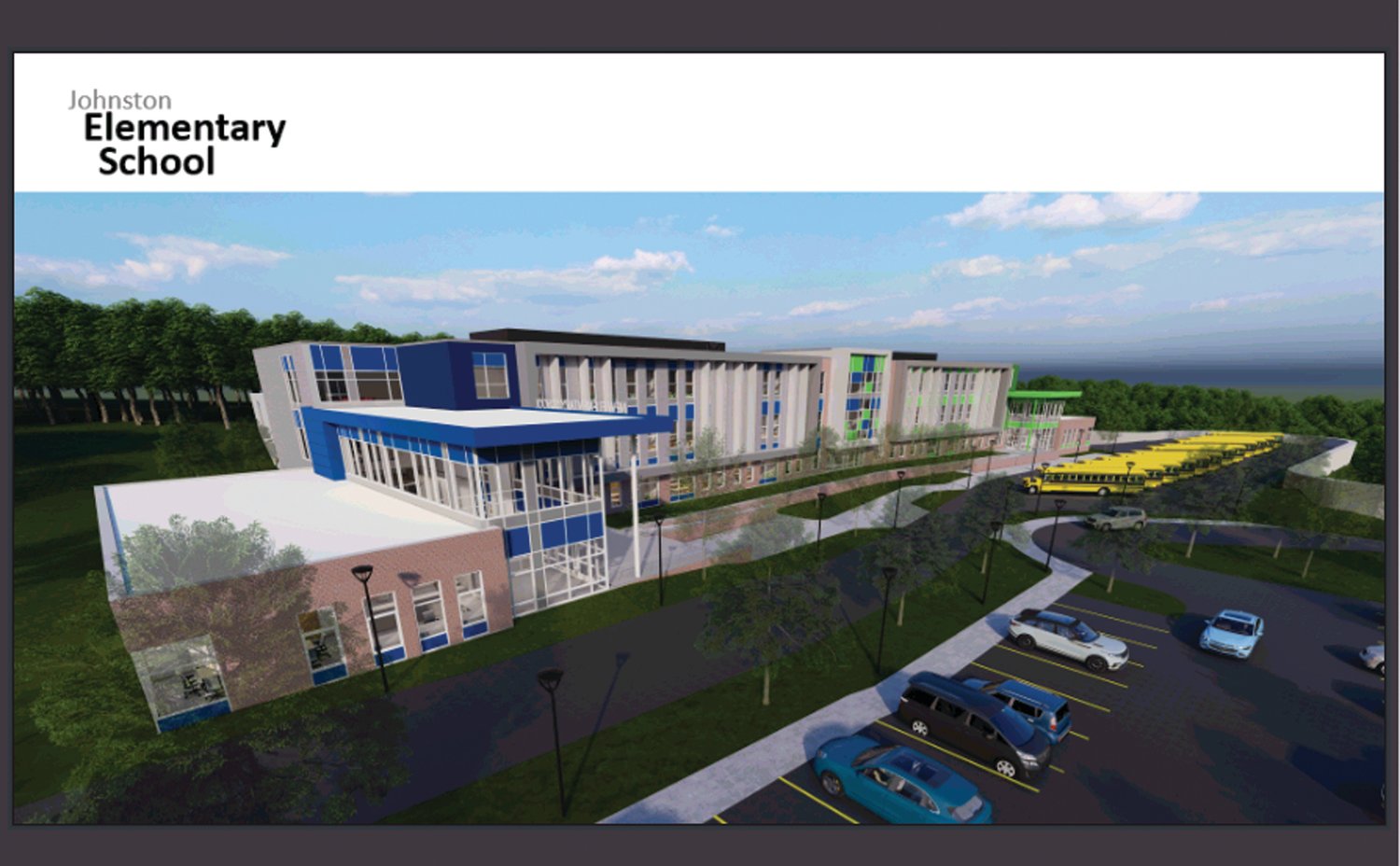 ELEMENTARY CENTER: The large consolidated, new elementary school will be built to educate 1,100 students in grades 1-4. The proposal calls for building the new Johnston Elementary School on town property just north of the Johnston High School.